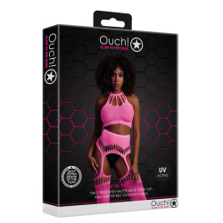Ouch! Glow Ensemble Bustier Dos nu et Porte-Jarretelles 2 Pièces Rose Fluo